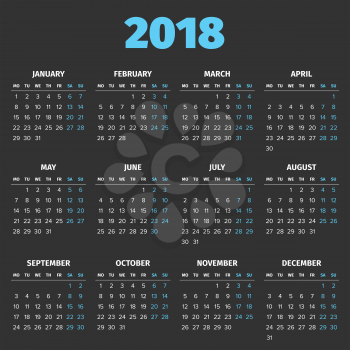 Simple 2018 year calendar, week starts on Monday