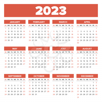 Simple 2023 year calendar, week starts on Sunday