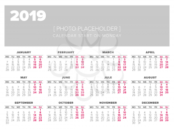 Calendar 2019 year vector design template, start on monday