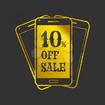 Golden Mobile phone sale icon on black background
