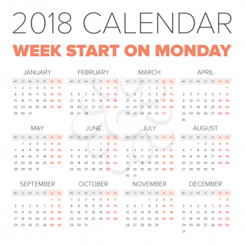 Simple 2018 year calendar, week starts on Monday