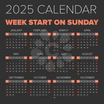 Simple 2025 year calendar, week starts on Sunday