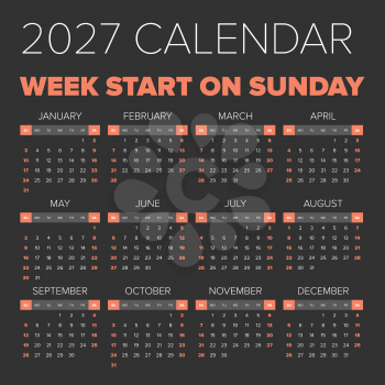 Simple 2027 year calendar, week starts on Sunday