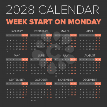 Simple 2028 year calendar, week starts on Monday