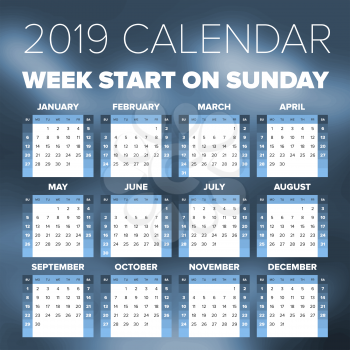 Simple 2019 year calendar, week starts on Sunday