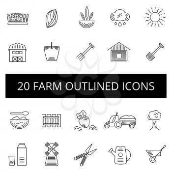 Outlined farm icon set with twenty icons on white background