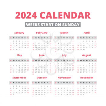 Simple 2024 year calendar, week starts on sunday