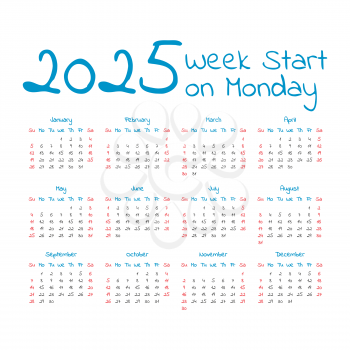 Simple 2025 year calendar, week starts on Monday