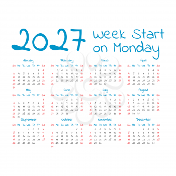 Simple 2027 year calendar, week starts on Monday