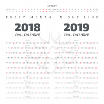 2018-2019 Wall Calendar. Every month in one line