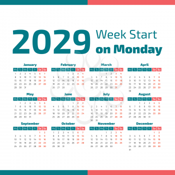 Simple 2029 year calendar, week starts on monday
