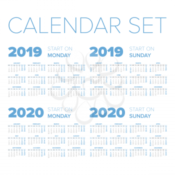 Simple 2019-2020 year calendar set, week starts on Sunday and Monday