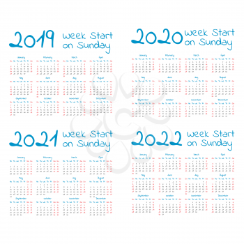 Simple 2019-2022 year calendar set, week starts on Sunday