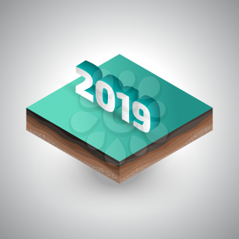 Isometric 2019 year sign on the piece of the soil