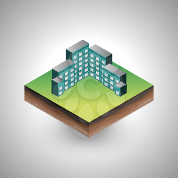 Isometric residential building on the piece of soil with shadow