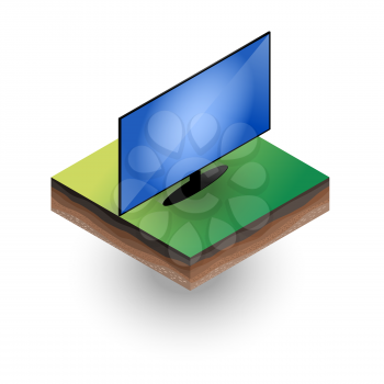 Isometric monitor placed on the piece of soil with shadow
