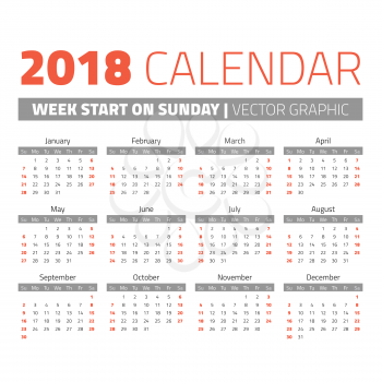 Simple 2018 year calendar, week starts on sunday
