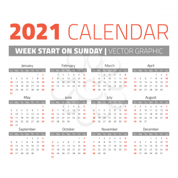 Simple 2021 year calendar, week starts on sunday