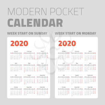 Modern pocket calendar on white background design set 2020