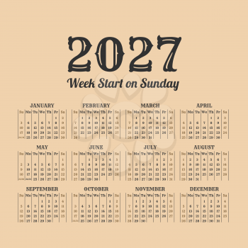 2027 year calendar in the vintage style on a beige background