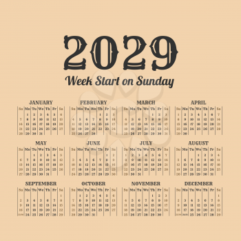 2029 year calendar in the vintage style on a beige background