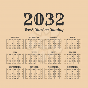 2032 year calendar in the vintage style on a beige background
