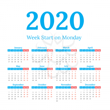 Simple classic style 2020 year calendar, week starts on monday