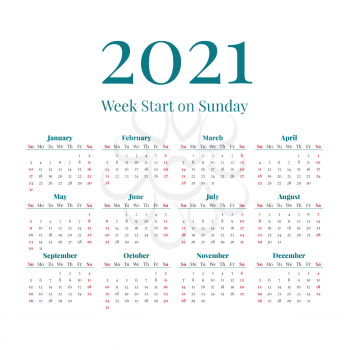 Simple classic style 2021 year calendar, week starts on sunday