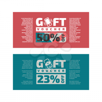 Gift voucher design in minimalist style with red and emerald green backgrounds