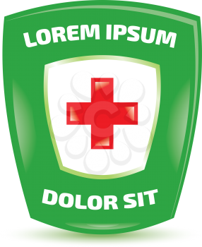 Medical care clinic logo with green shield and red cross inside