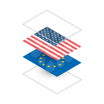 Illustration with USA and Europe flags in isometric projection