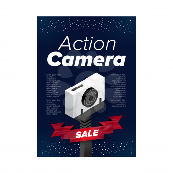 Isometric action camera on the monopod. Ad banner design template