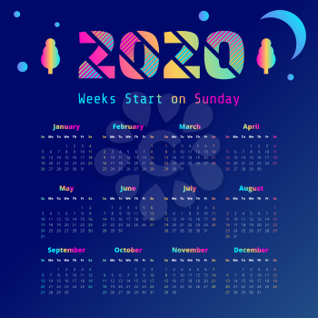 2020 year calendar on the duotone background