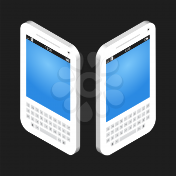 Isometric vector smartphone set. The white color case and the blue screen