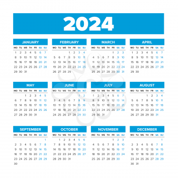 2024 Simple Vector Calendar. Weeks start on Monday. Blue color