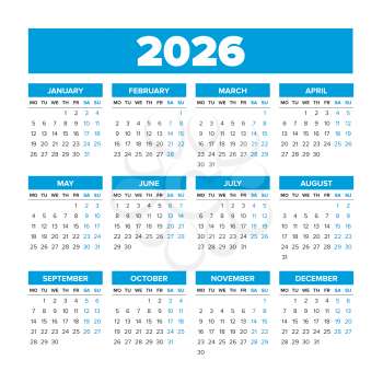 2026 Simple Vector Calendar. Weeks start on Monday. Blue color
