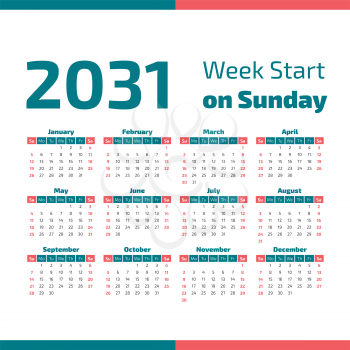 2031 Classic Calendar with the weeks start on Sunday