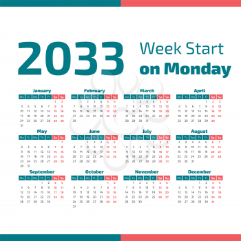2033 Classic Calendar with the weeks start on Monday