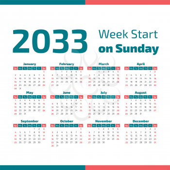 2033 Classic Calendar with the weeks start on Sunday