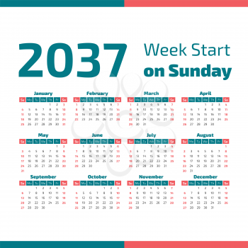 2037 Classic Calendar with the weeks start on Sunday