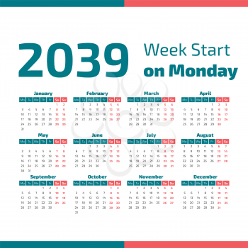 2039 Classic Calendar with the weeks start on Monday