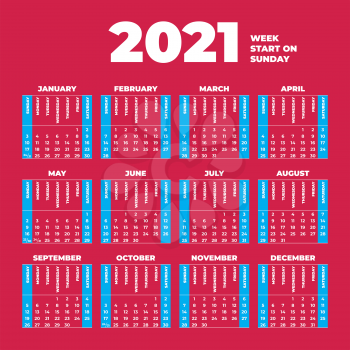 2021 Vector Calendar template with weeks start on Sunday