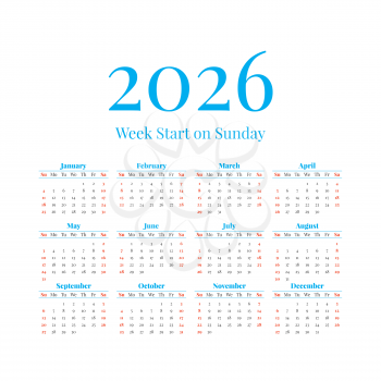 2026 Classic Calendar with the weeks start on Sunday