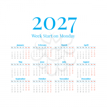 2027 Classic Calendar with the weeks start on Monday