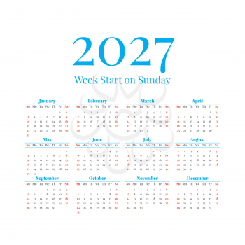 2027 Classic Calendar with the weeks start on Sunday