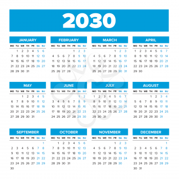 2030 Simple vector calendar template. Weeks start on Monday