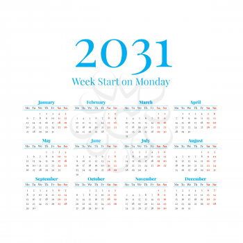 2031 Classic Calendar with the weeks start on Monday