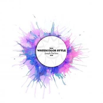 Abstract circle white banner with place for text, watercolor stains and vintage style star burst. Colorful background, business vector pattern.