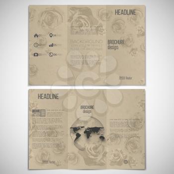 Vector set of tri-fold brochure design template on both sides with world globe element. Drawn grunge flowers over canvas texture, vector illustration.