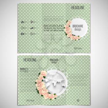 Vector set of tri-fold brochure design template on both sides with world globe element. Pink flowers over dotted green background, floral vector pattern.